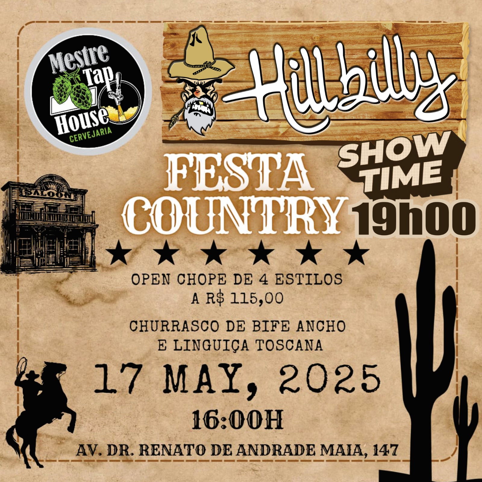 Prepare o chapéu, o apetite e a sede! Vem aí a FESTA COUNTRY do @mestretaphouse!!! 🤠